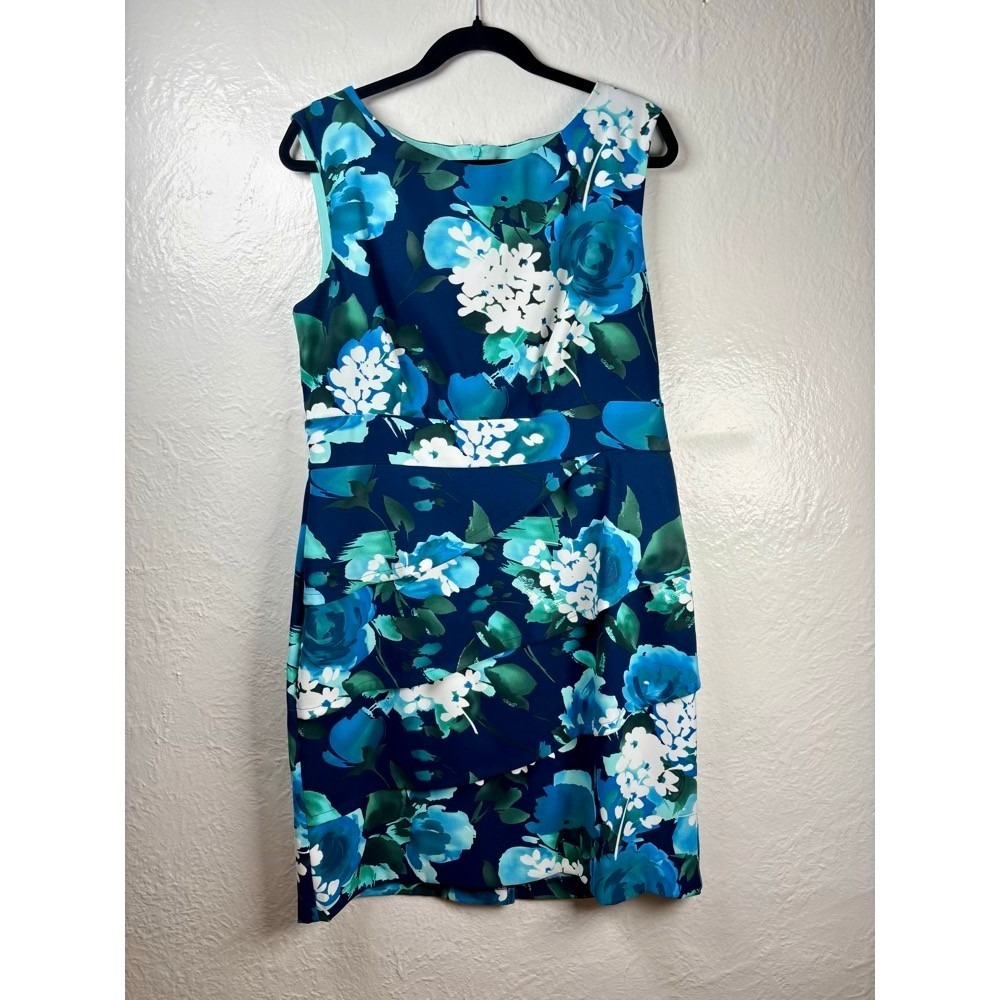 Floral Sheath Dress Womens 14 Blue Tiered Ruffle Wedding Guest Brunch Cocktail